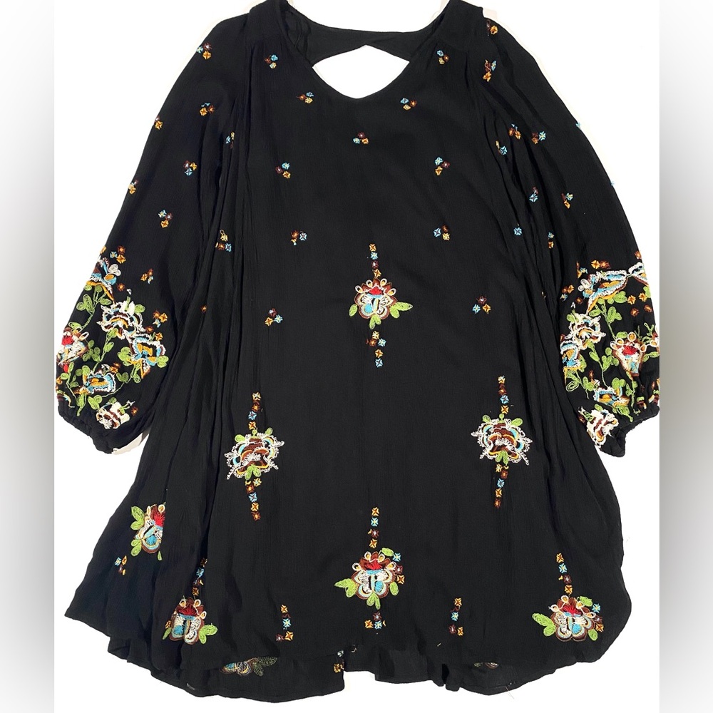 Free people Boho Black Embroidered Dress with Colorful Floral Motifs size S
